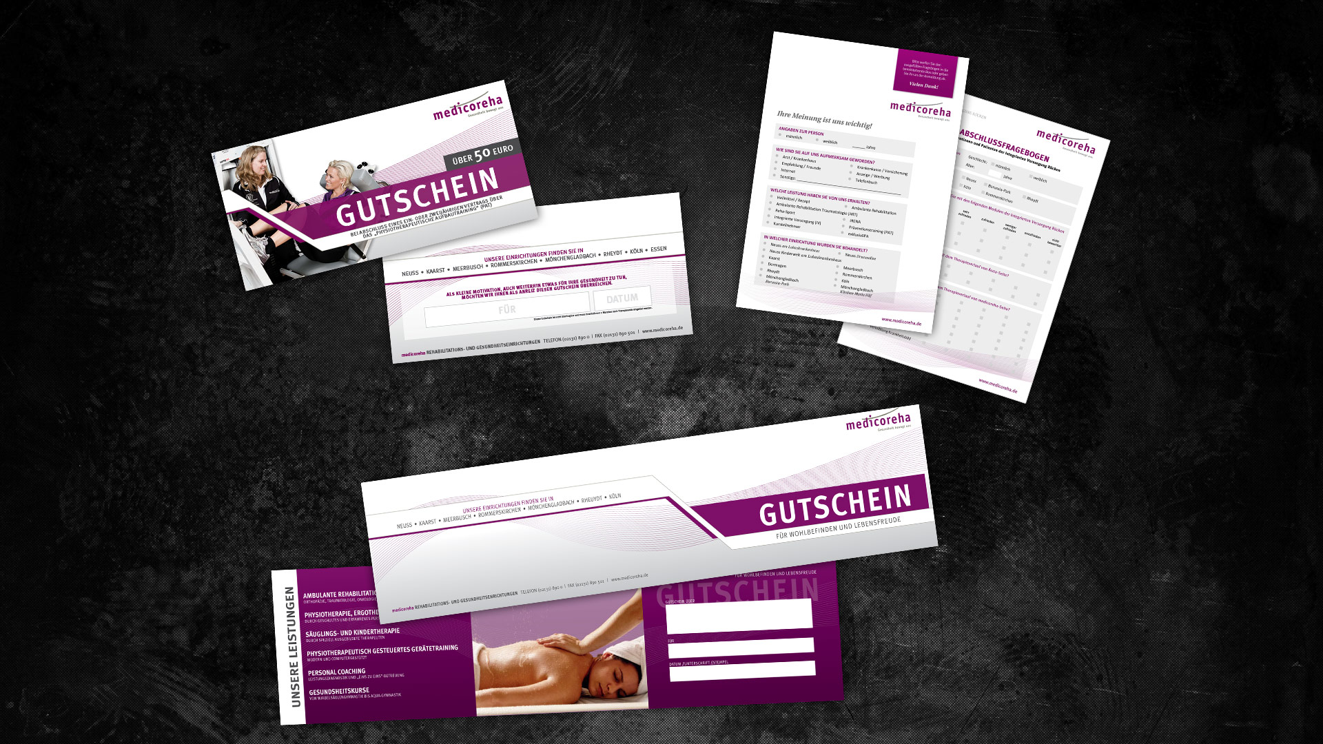 Layout und Gestaltung von Geschenkgutscheinen und Fragebögen